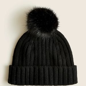 New! J Crew Black Ribbed beanie with faux-fur pom-pom NWT